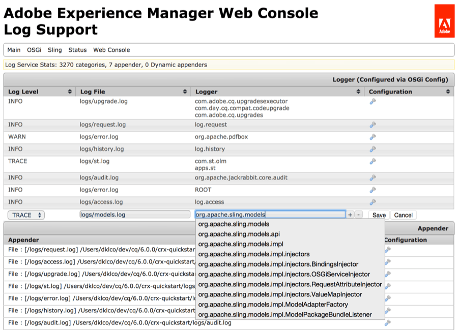 Configuring the SLF4J Logger for Sling Models