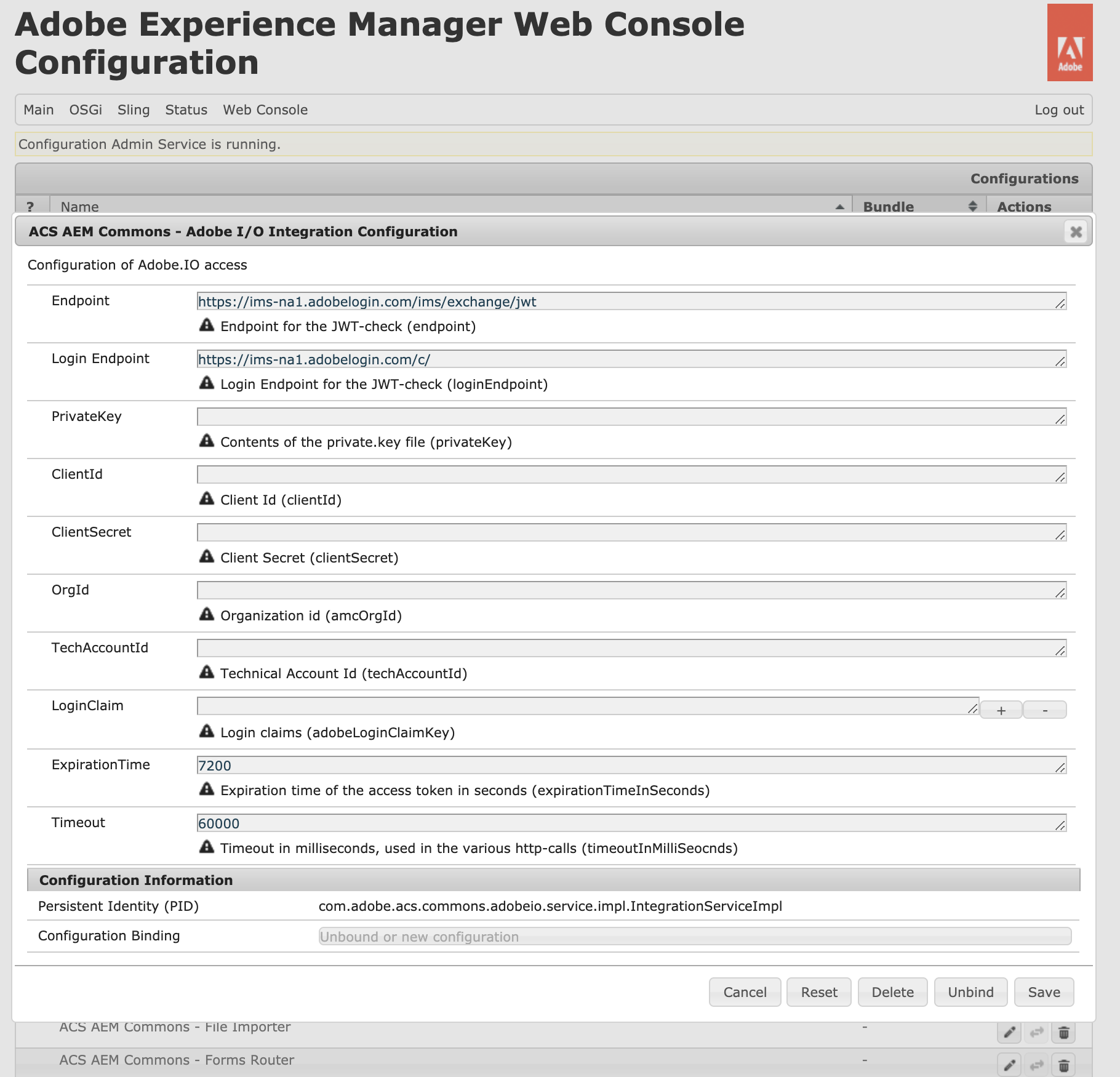 ACS AEM Commons Adobe I/O Integration Configuration OSGi Console